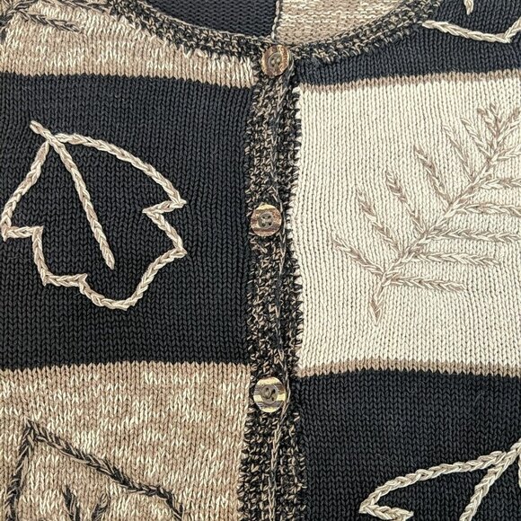 Fiberworks Hand Embroidered Brown Leaves Knit Cardigan Sweater Button M Black - Picture 5 of 15